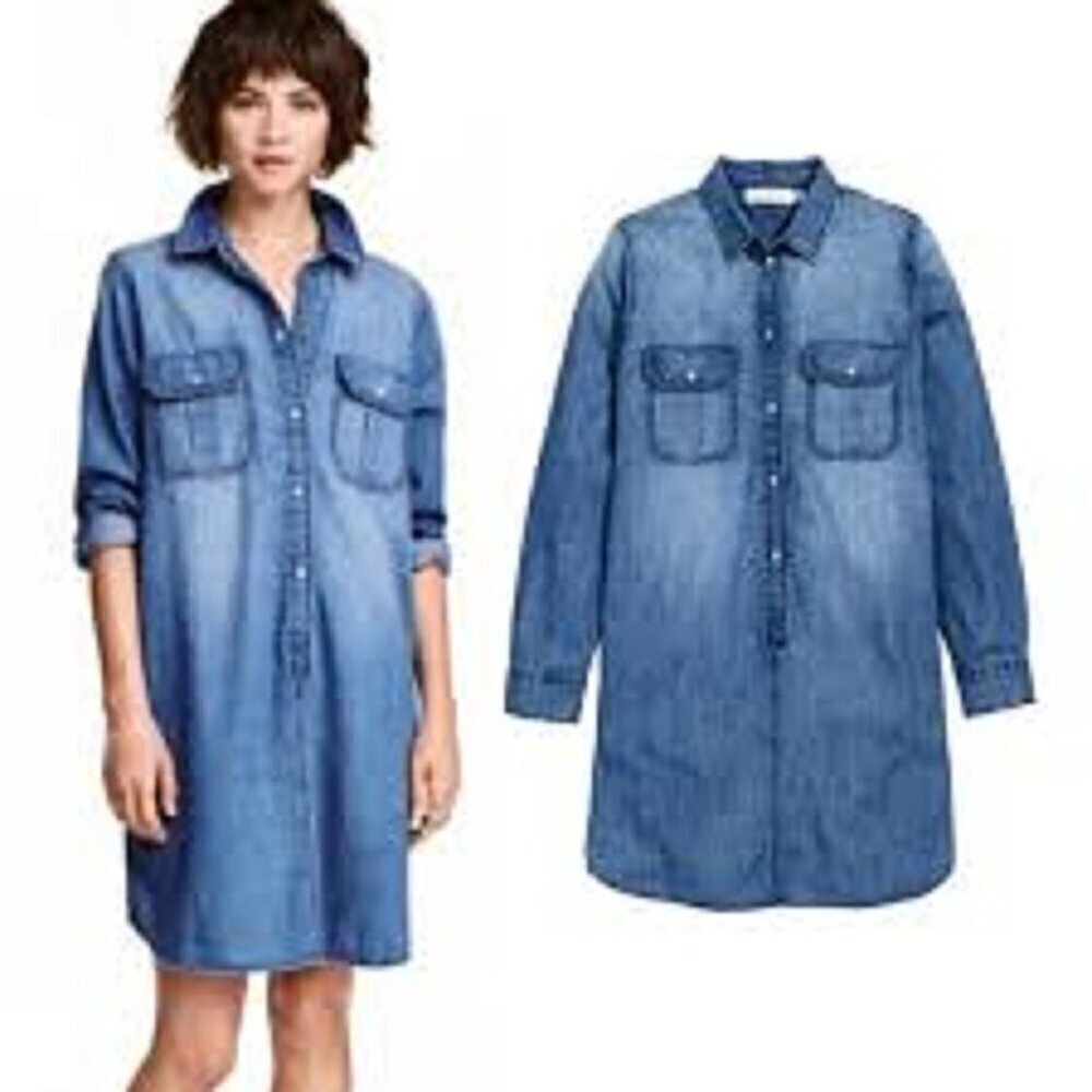 H&M Mama Maternity Denim Shirt Dress Women's size M Pearl Snaps 3/4 Sleeve Boho